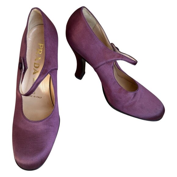 Prada Mary Jane 38 Heels Purple Satin Silk Vintage 1994 - Picture 1 of 14